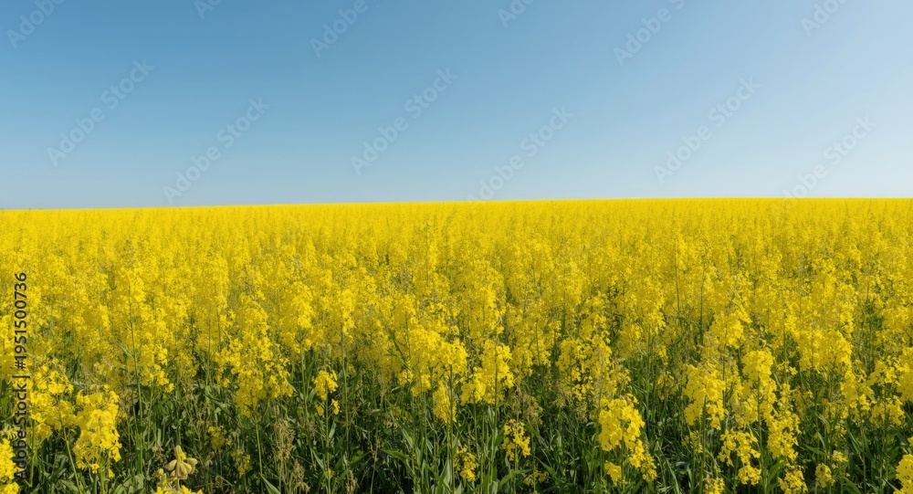 Obraz premium Golden wild mustard blooms in open field beneath blue sky with designated copy space