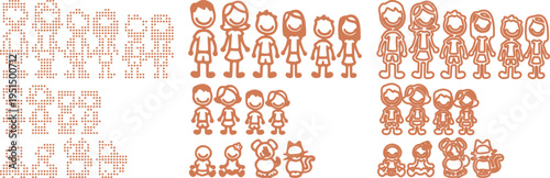 Cartoon People and Animals in Dotted and Outline Styles children adults