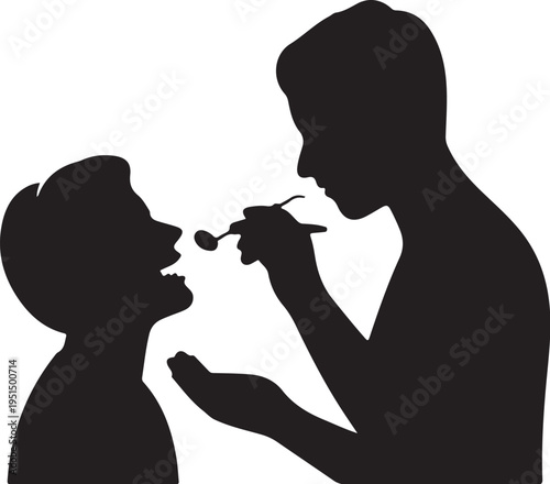 Black silhouette doctor examining boy's throat with tongue depressor