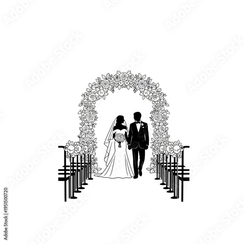 Wedding couple walking down aisle together.