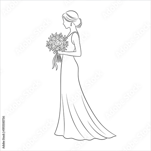 Woman in wedding dress holding bouquet.