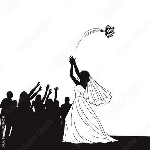 Woman in wedding dress tossing bouquet.