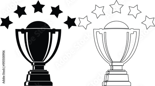 Trophy award icon set with winner cup, medal, champion symbols and achievement reward elements, success and competition icons in solid and outline style vector isolated on transparent background