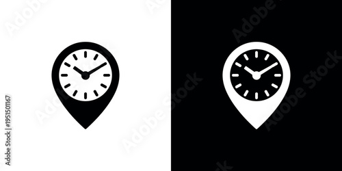 Black and white clock on map pin markers location time