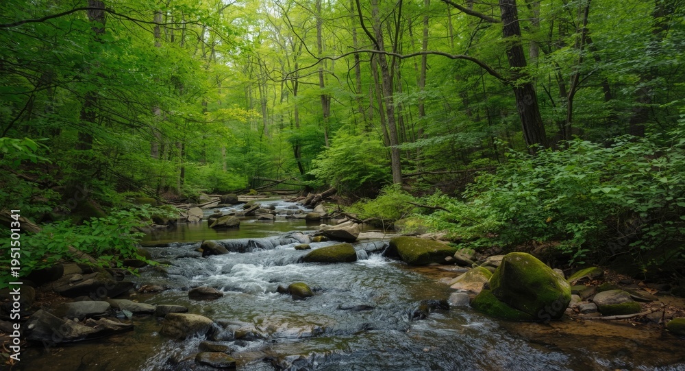 Fototapeta premium full length view of a lively forest featuring a flowing river and green foliage