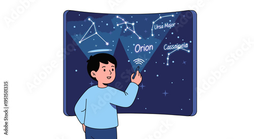 Boy pointing at a digital screen displaying constellations like Orion and Ursa Major, learning about stars
