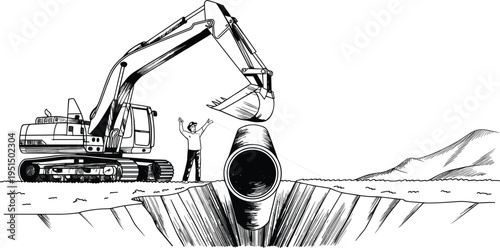 Black and white illustration of construction site with excavator lifting cylindrical pipe into trench, worker guiding installation, infrastructure utility project in rural outdoor landscape scene