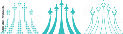 Fighter jets graphic representations in teal on white background airplanes aircraft