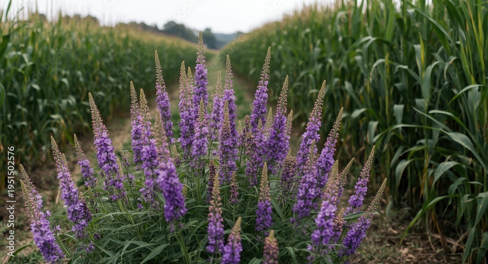Obraz premium Purple floral plant flourishing alongside a field of corn crops