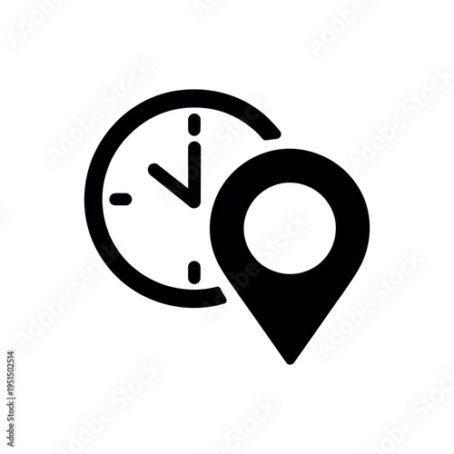 Black clock and map pin on white background location