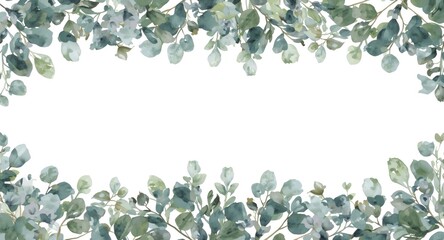 Botanical watercolor floral border with eucalyptus leaf garland on white background