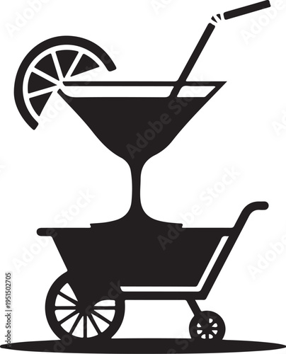 Black silhouette martini glass on shopping cart with straw and lemon
