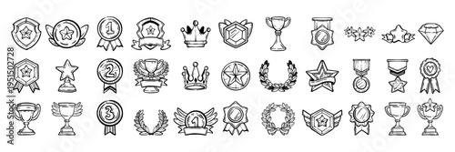 Award doodle icon set, hand drawn trophy reward line illustration, vector game UI medal badge star. Winner wreath, success gold prize, simple achievement sign. High quality sport award icon collection