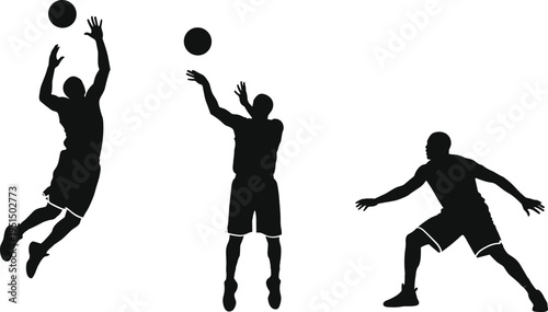 Basketball player silhouettes jumping and shooting ball, professional athletes action poses, dynamic basketball sport movement, competition illustration set