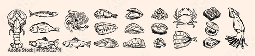 Sea food doodle icon set, hand drawn ocean eatery ink menu illustration, fresh fish, octopus, crab. Underwater Mediterranean meal product, natural Japanese delicacy graphic. Sea food vintage art