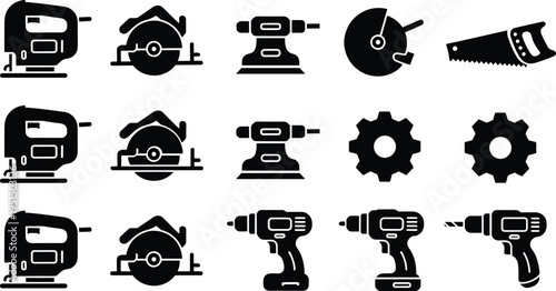 Black and white vector icons of power tools and mechanical components including jigsaw, circular saw, sander, grinder, drill, and gears for construction design