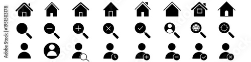 Home icon vector set. Home page Illustration sign collection. Search web icon set. user symbol collection.