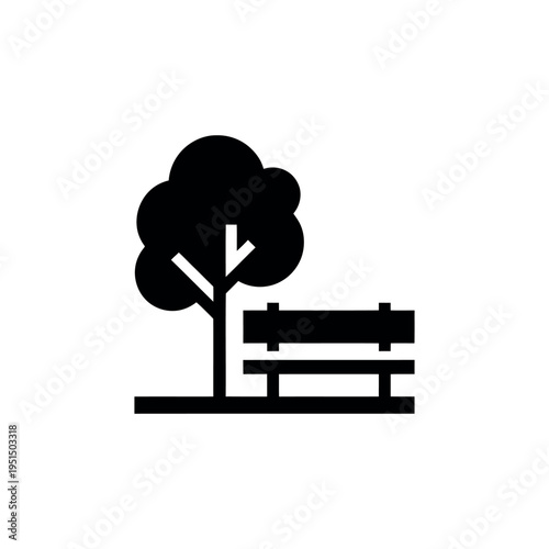 Black silhouette of tree and park bench on white background