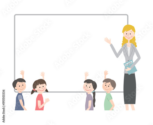 ホワイトボードで説明する外国人講師と挙手する子供たち