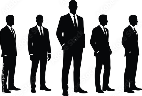 Businessman silhouettes collection, professional men in formal suits standing poses, corporate leadership concept, office executive people illustration set