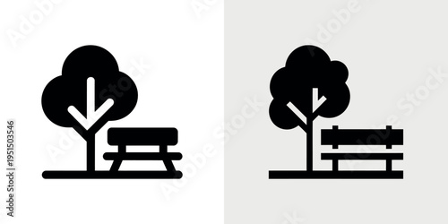 Black silhouettes of tree and bench symbol