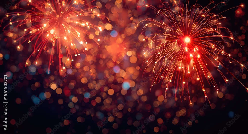 Fototapeta premium Dynamic fireworks set against a glowing bokeh backdrop with room for celebratory copy space