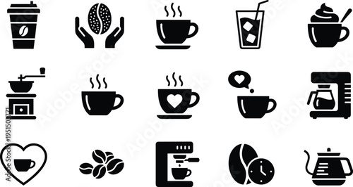 Collection of black coffee culture icons featuring cups, beans, mugs, grinders, espresso machines, kettles, and brewing symbols for café, beverage, barista, and lifestyle design