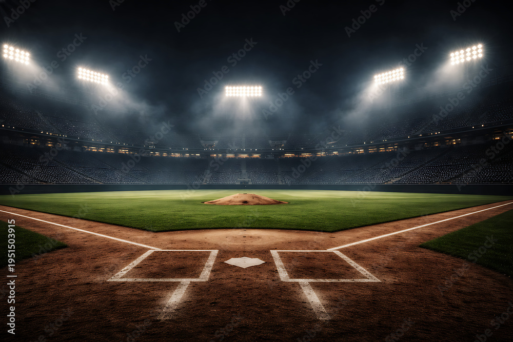 Fototapeta premium Empty Professional Baseball Stadium at Night Under Bright Floodlights