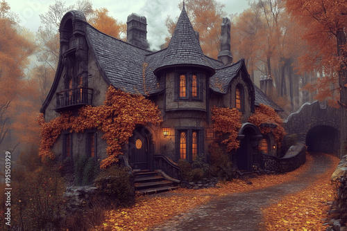 Victorian gothic mansion with glowing windows in the autumnal park surrounded by beautiful red leaves