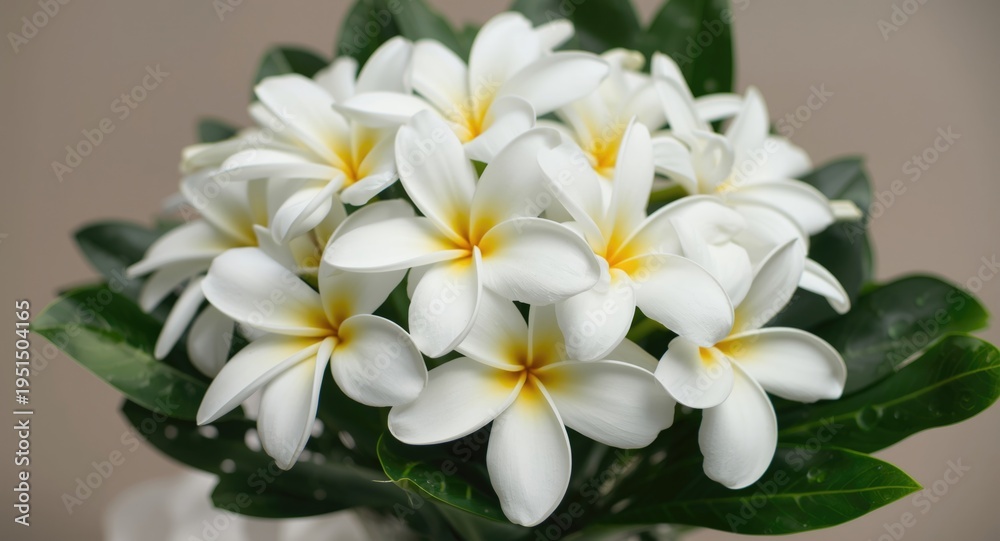 Fototapeta premium Freshly gathered white plumeria flowers in a handcrafted bouquet