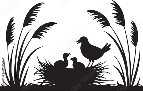 Black silhouette mother bird and chicks in nest with reeds