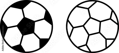 Two soccer ball icons showcasing different styles of the classic pattern, one version with solid black pentagons and another with thin black outlines