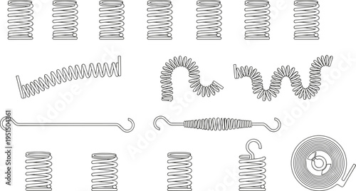 Collection of mechanical springs including compression, extension, torsion, and coil designs in various shapes, tightly coiled, loosely coiled, hooked ends, engineering manufacturing illustration