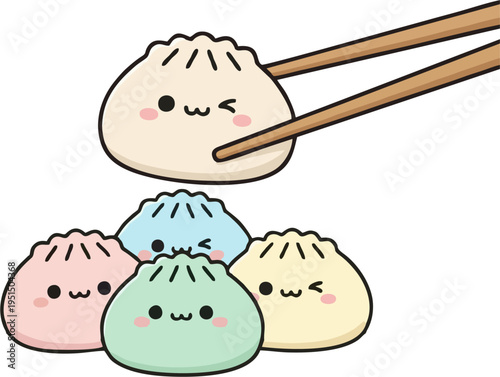 Cute Kawaii Colorful Dumplings with Funny Faces Held by Chopsticks - Pastel Baozi Cartoon Food Character Vector Illustration