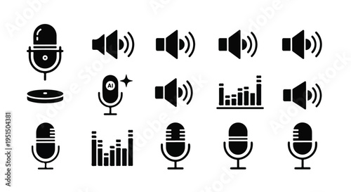 Collection of black and white microphone and speaker icons with sound waves and bar graphs on a white background.