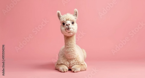 Hilarious white alpaca looking comical on a smooth pink background
