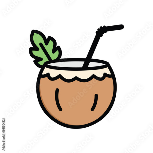 Cartoon-style illustration of a coconut drink with a straw and leaf garnish on a white background.