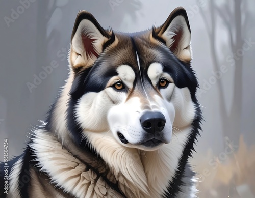 Majestic furry wolf-like canine portrait with amber eyes, set against a blurred woodland background