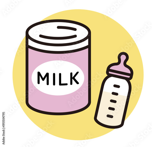 粉ミルクと哺乳瓶のアイコン。赤ちゃん、育児、子育てに関するイラスト。Icons of formula milk and a baby bottle.