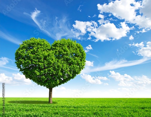 Heart-shaped tree stands in a field, against a blue sky filled with white, wispy clouds
