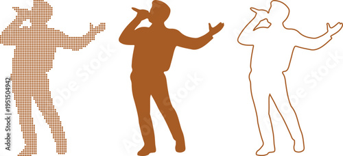 Singer with microphone silhouette in dotted, solid and outline styles musician performer