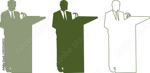 Speaker at podium silhouette in dotted, solid and outline styles politician businessman