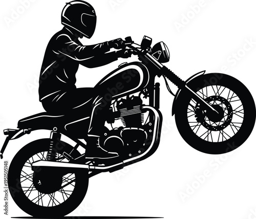 Motorcycle rider silhouette performing wheelie stunt, biker on classic motorbike, extreme motor sport action illustration concept design