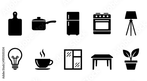 A set of black and white icons featuring various home and kitchen items, including appliances, furniture, and decor. This image can be used for design, educational, or marketing purposes.