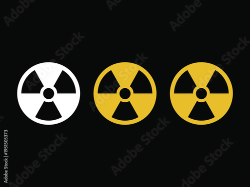 Radiation Warning Symbols Set, black and yellow radiation icons, horizontal row, three universal hazard symbols, nuclear safety, radioactive warning, clean vector design