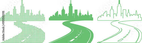 Three Road and Cityscape Icons In Green Dot Fill Solid Silhouette and Outline Styles highway street