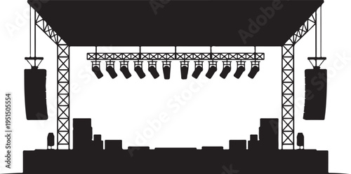 Black silhouette of a concert stage with speakers and spotlights