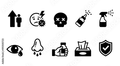 a set of black icons representing various health and hygiene concepts, including illness, protection, and symptoms, on a white background, useful for marketing, educational, or medical materials
