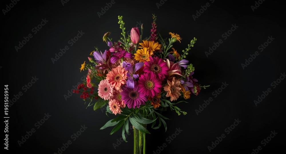 Fototapeta premium lively flower bunch with varied leaves on a smooth black backdrop