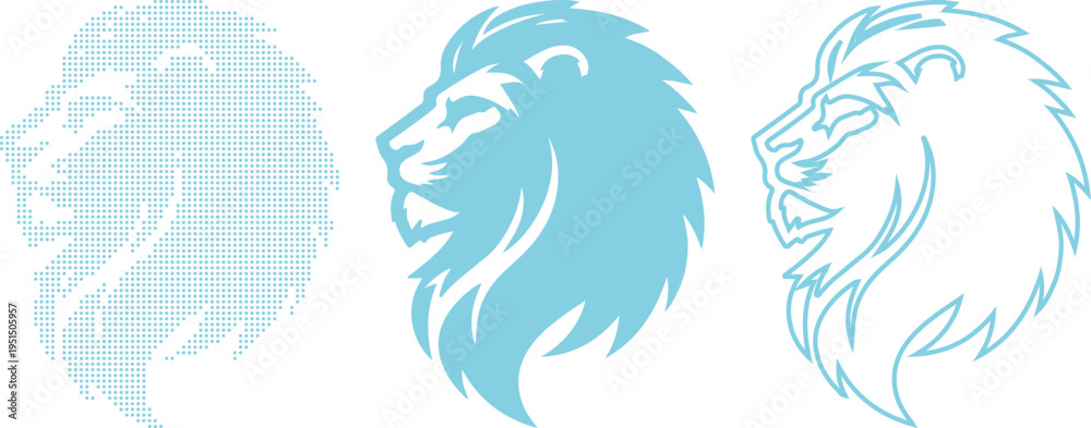 Fototapeta premium Three stylized light blue lion head designs on a white background Keywords: lion, head, profile, stylized, graphic